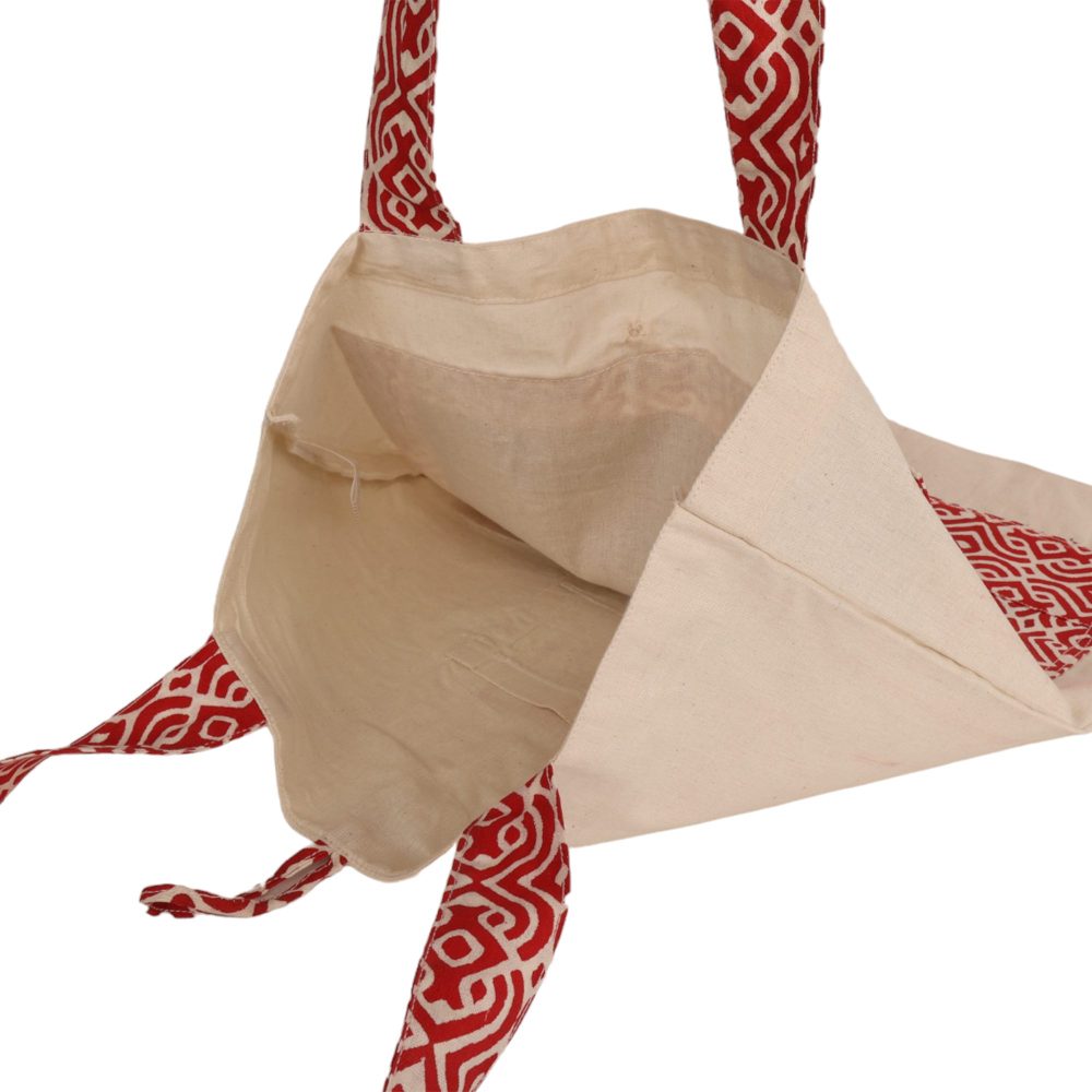 Indha Tote Bag with Spartan Motif Embroidered | Hand Block Printed Natural Cotton Shopping Bag | Eco-Friendly Handcrafted Tote | Single Compartment with Small Pocket | Button Closure | Vibrant and Spacious Bag |