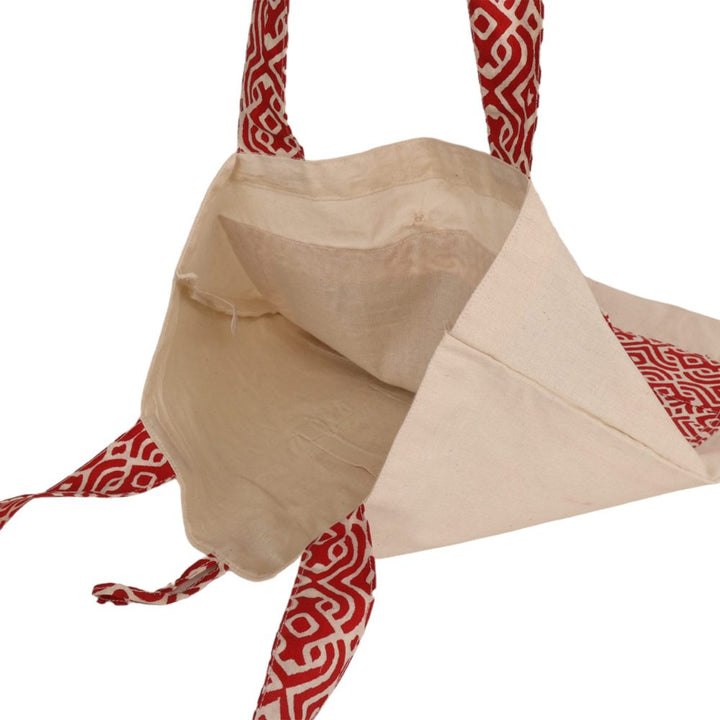 Indha Tote Bag with Spartan Motif Embroidered | Hand Block Printed Natural Cotton Shopping Bag | Eco-Friendly Handcrafted Tote | Single Compartment with Small Pocket | Button Closure | Vibrant and Spacious Bag |