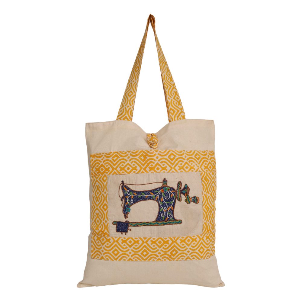 Indha Tote Bag with Sewing Machine Motif | Hand Block Printed Natural Cotton Shopping Bag | Eco-Friendly Handcrafted Tote | Single Compartment with Small Pocket | Button Closure | Vibrant and Spacious Bag |