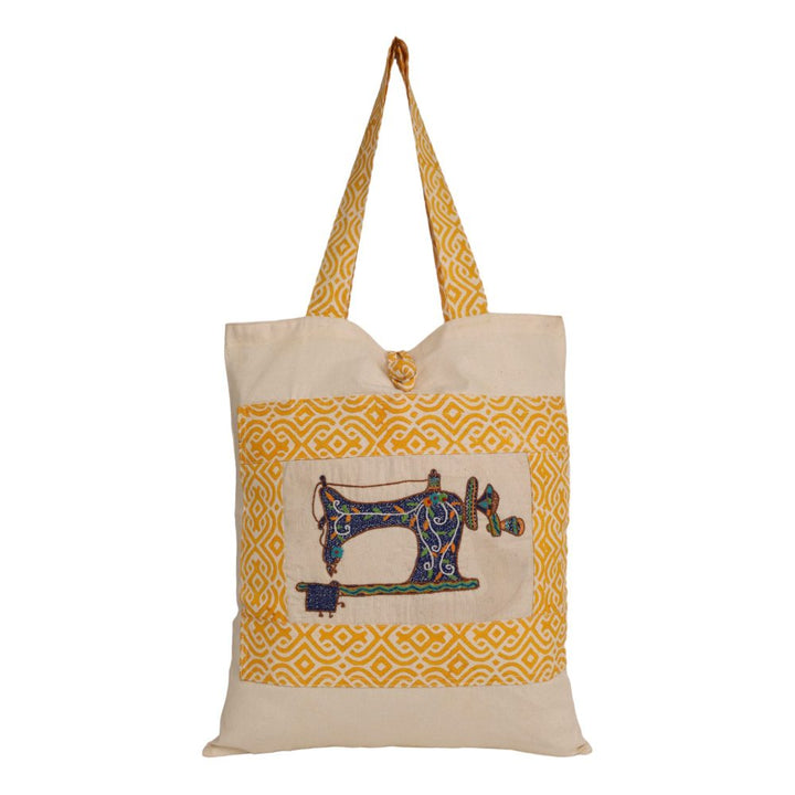 Indha Tote Bag with Sewing Machine Motif | Hand Block Printed Natural Cotton Shopping Bag | Eco-Friendly Handcrafted Tote | Single Compartment with Small Pocket | Button Closure | Vibrant and Spacious Bag |