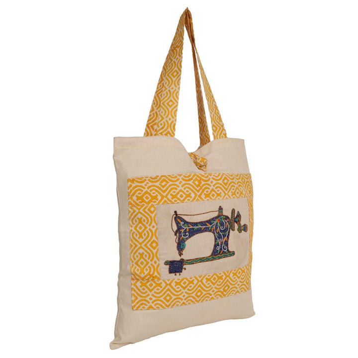 Indha Tote Bag with Sewing Machine Motif | Hand Block Printed Natural Cotton Shopping Bag | Eco-Friendly Handcrafted Tote | Single Compartment with Small Pocket | Button Closure | Vibrant and Spacious Bag |