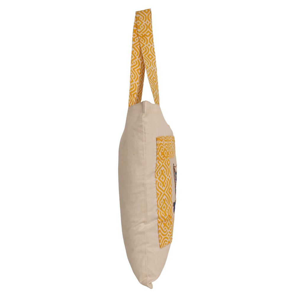 Indha Tote Bag with Sewing Machine Motif | Hand Block Printed Natural Cotton Shopping Bag | Eco-Friendly Handcrafted Tote | Single Compartment with Small Pocket | Button Closure | Vibrant and Spacious Bag |