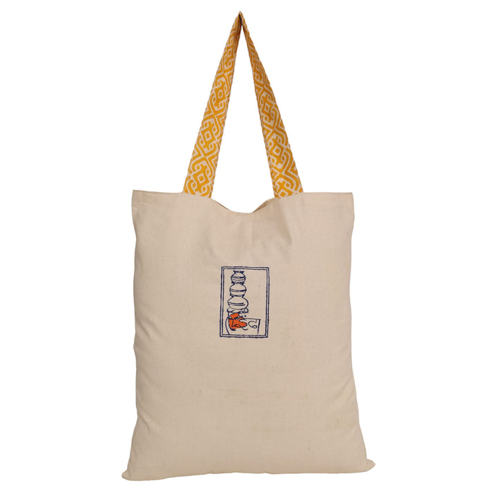 Indha Tote Bag with Sewing Machine Motif | Hand Block Printed Natural Cotton Shopping Bag | Eco-Friendly Handcrafted Tote | Single Compartment with Small Pocket | Button Closure | Vibrant and Spacious Bag |