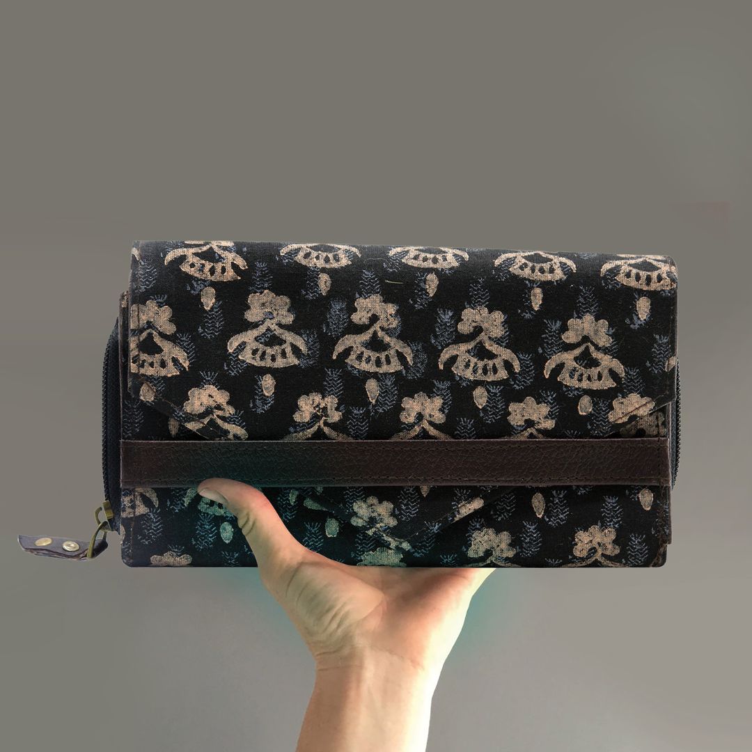 Cotton Hand Block Printed Black Colour Clutch Purse for Girls/Women