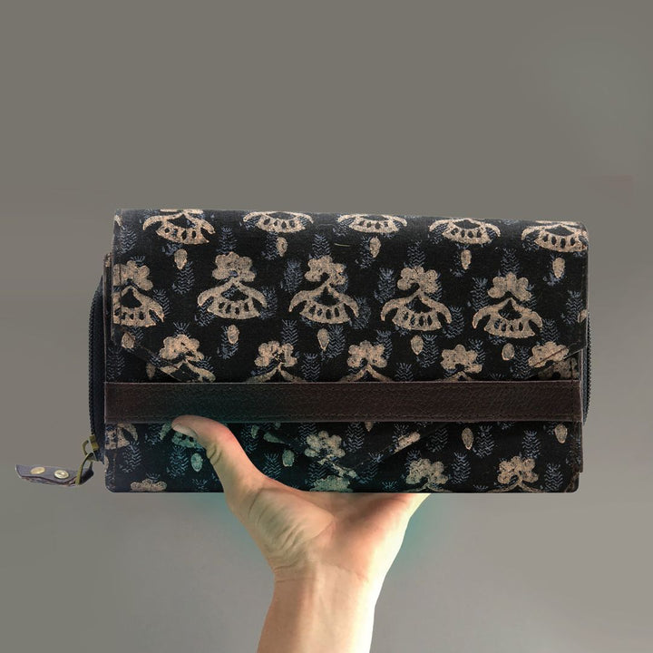 Cotton Hand Block Printed Black Colour Clutch Purse for Girls/Women