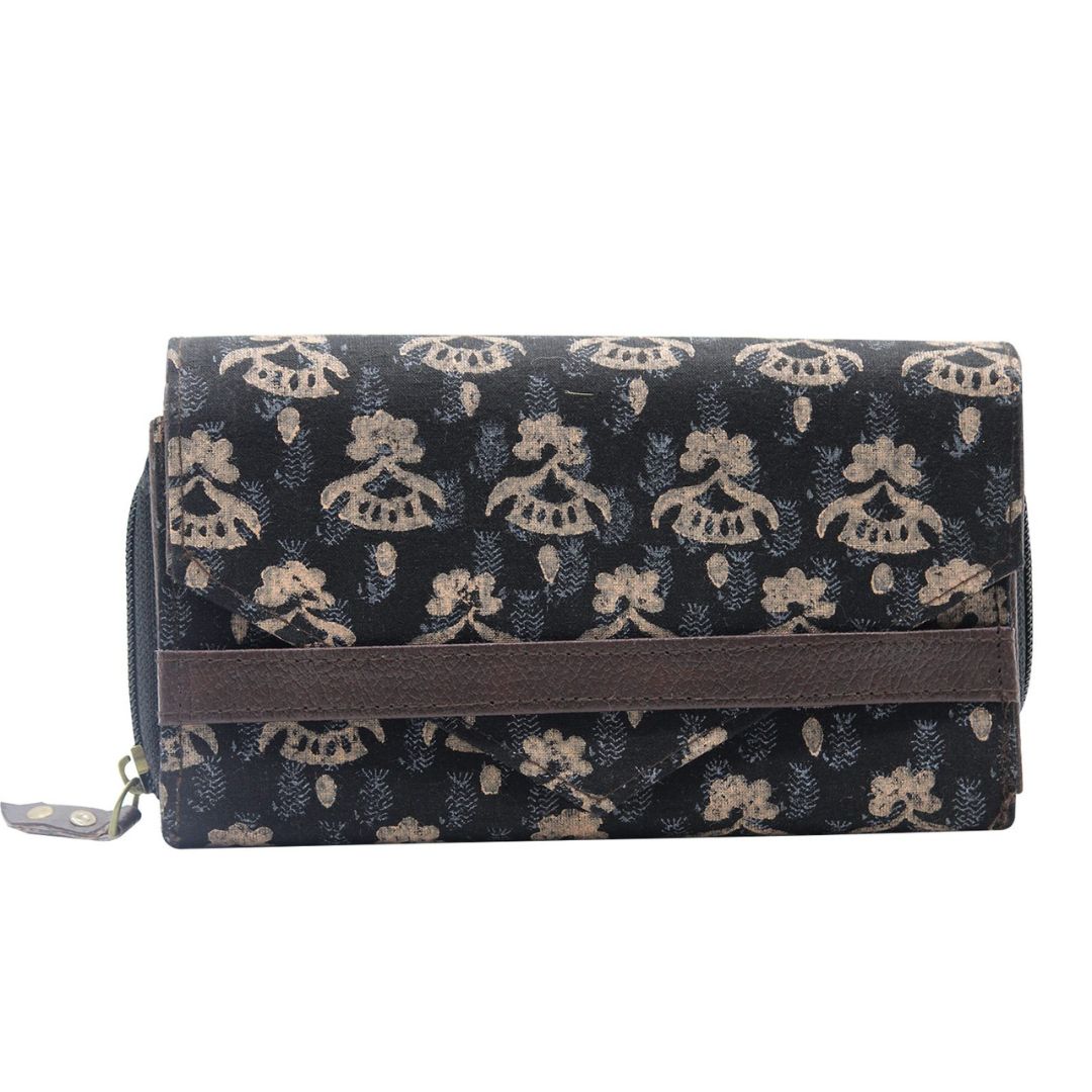 Cotton Hand Block Printed Black Colour Clutch Purse for Girls/Women