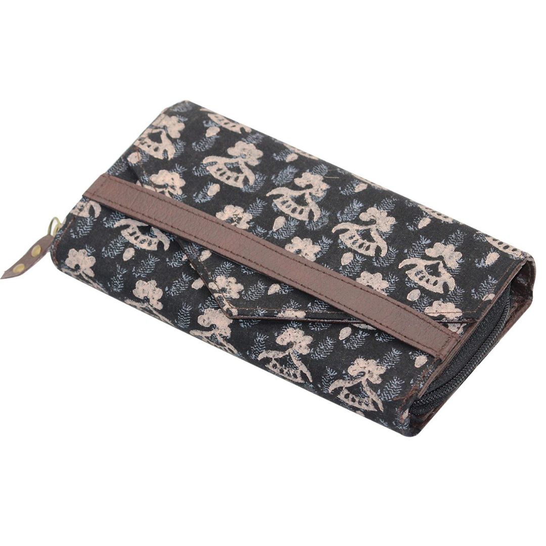 Cotton Hand Block Printed Black Colour Clutch Purse for Girls/Women