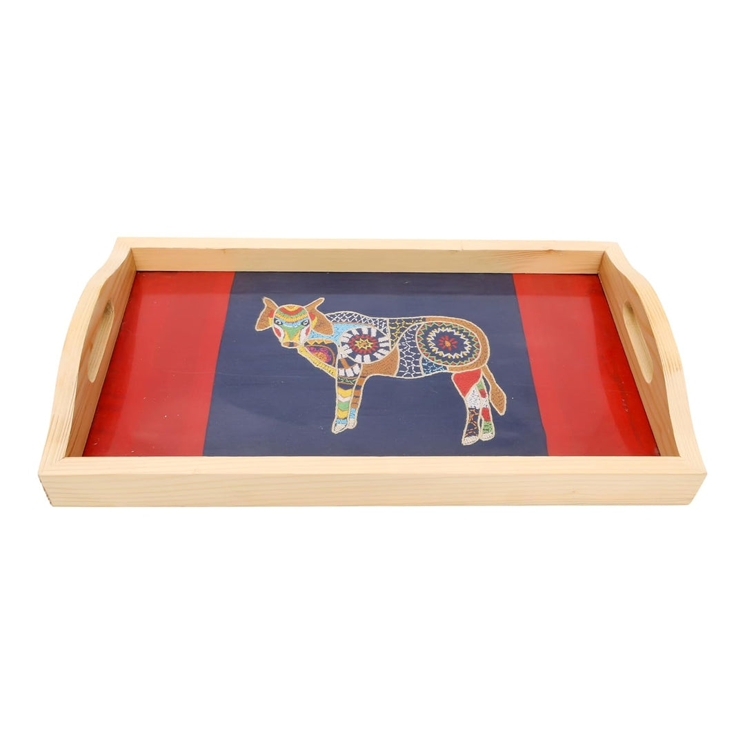 Indha Pine Wood Serving Tray – Hand-Embroidered Indian Cow Motif on Dupion Silk | Natural Pine Table Tray | Coffee Table Décor | Handmade Gift for Home & Dining