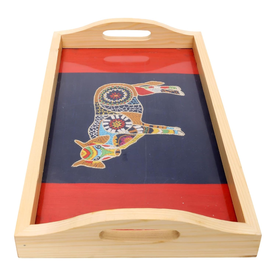 Indha Pine Wood Serving Tray – Hand-Embroidered Indian Cow Motif on Dupion Silk | Natural Pine Table Tray | Coffee Table Décor | Handmade Gift for Home & Dining