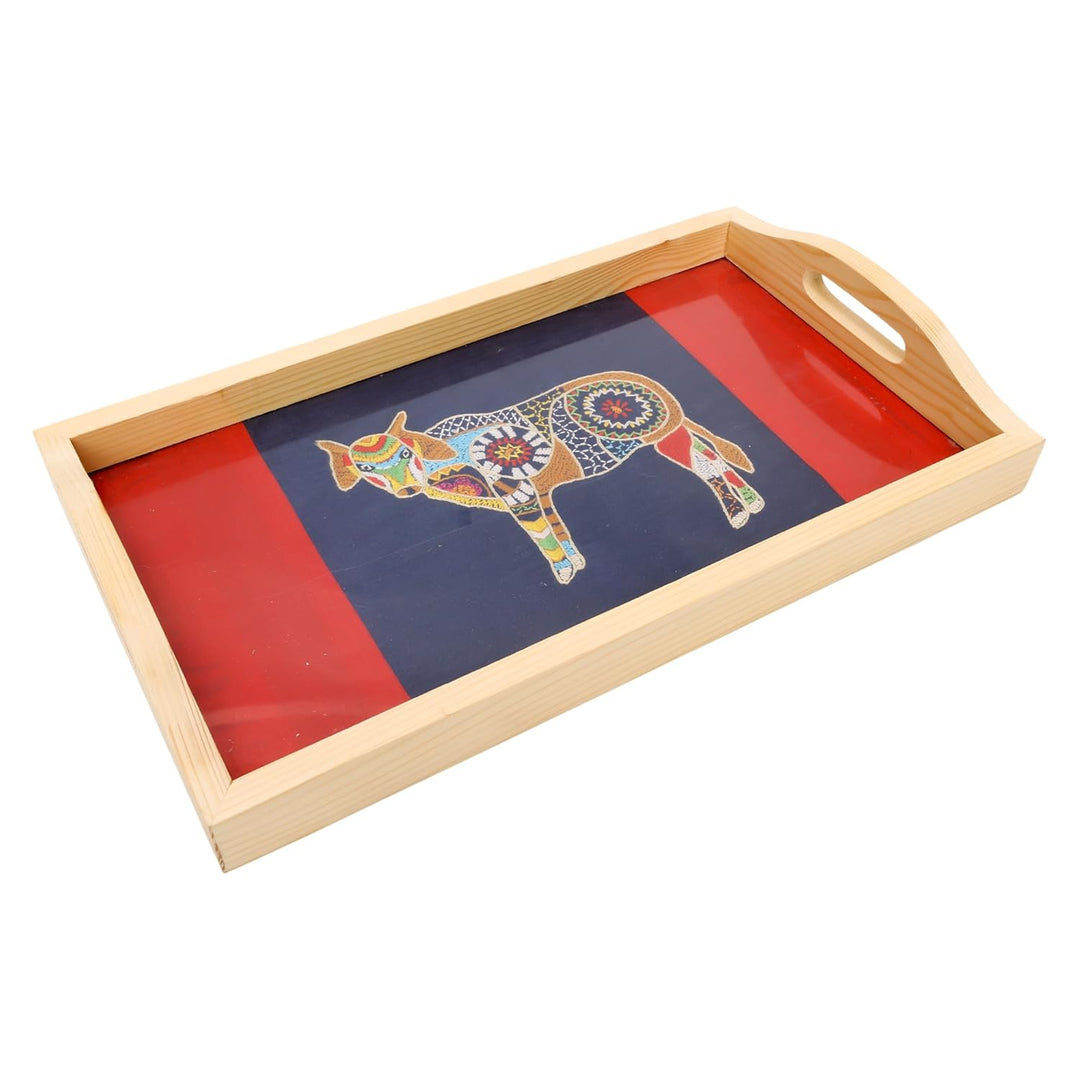 Indha Pine Wood Serving Tray – Hand-Embroidered Indian Cow Motif on Dupion Silk | Natural Pine Table Tray | Coffee Table Décor | Handmade Gift for Home & Dining