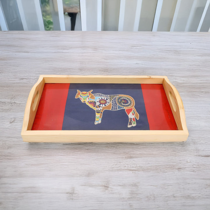 Indha Pine Wood Serving Tray – Hand-Embroidered Indian Cow Motif on Dupion Silk | Natural Pine Table Tray | Coffee Table Décor | Handmade Gift for Home & Dining