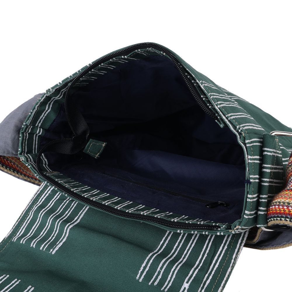 Indha Handcrafted Stylish Sling Bag |Cotton Blockprint| Forest Green Canvas Sling Bag| Travel Utility | Cross Body Bag | Gifting | Shoulder Bag | Sling Bag For Him/Her | Gifts For Him | Handmade | Cool Fashion Bag | Utility Bag
