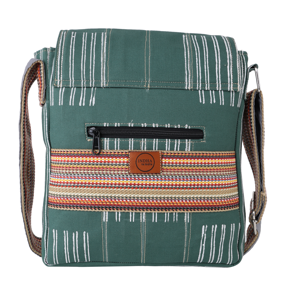 Indha Handcrafted Stylish Sling Bag |Cotton Blockprint| Forest Green Canvas Sling Bag| Travel Utility | Cross Body Bag | Gifting | Shoulder Bag | Sling Bag For Him/Her | Gifts For Him | Handmade | Cool Fashion Bag | Utility Bag