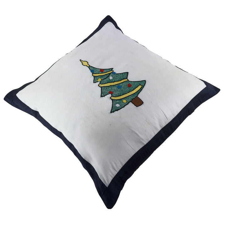 INDHA Cushion Cover with Hand-embroidered Christmas tree design | White And Blue Dupion Silk | 20.0 x 20.0 Inches Cushion Cover | Throw Cushion Cover | Home Furnishing |