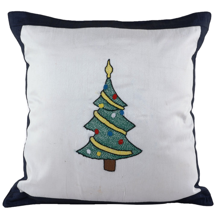 INDHA Cushion Cover with Hand-embroidered Christmas tree design | White And Blue Dupion Silk | 20.0 x 20.0 Inches Cushion Cover | Throw Cushion Cover | Home Furnishing |
