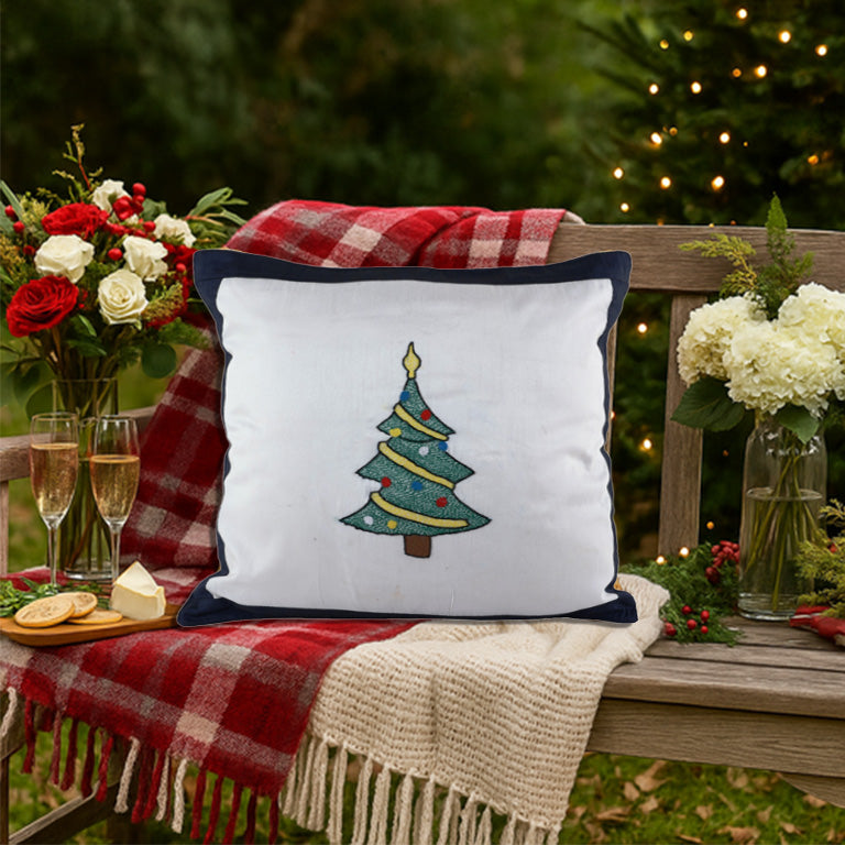 INDHA Cushion Cover with Hand-embroidered Christmas tree design | White And Blue Dupion Silk | 20.0 x 20.0 Inches Cushion Cover | Throw Cushion Cover | Home Furnishing |