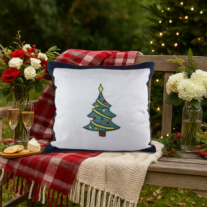 INDHA Cushion Cover with Hand-embroidered Christmas tree design | White And Blue Dupion Silk | 20.0 x 20.0 Inches Cushion Cover | Throw Cushion Cover | Home Furnishing |