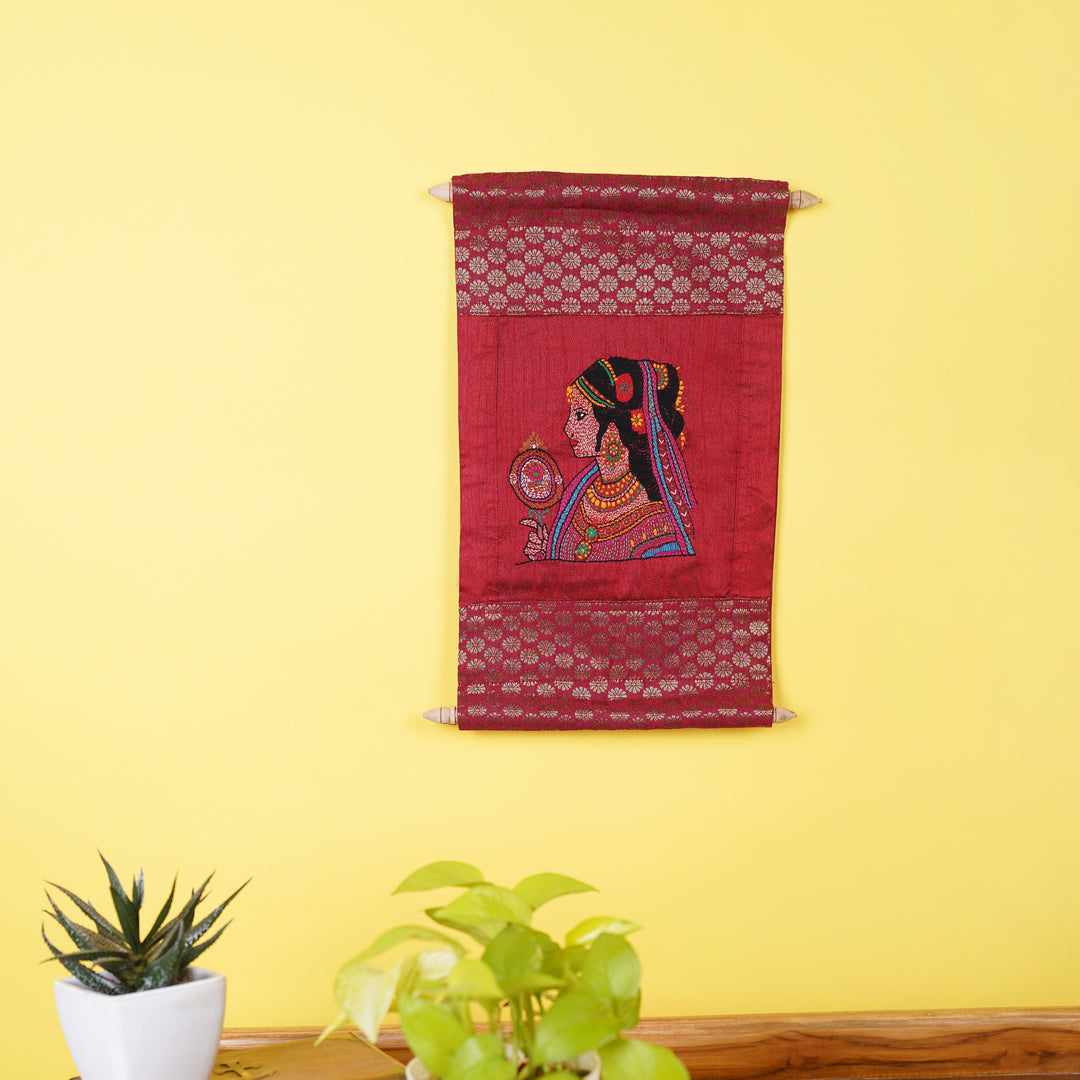 Indha Hand-Embroidered Lady and her mirror Portrait Wall Scroll – Dupion & Brocade Silk | Gift-Ready | EmpoweringWomen Gifts|Hand Embroidered|Handstitched