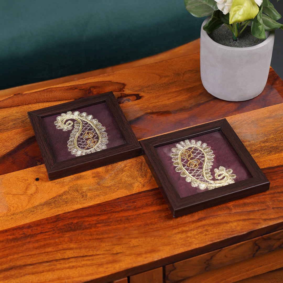 Indha Hand-Embroidered Ambiya (Paisley) Coasters|Silver Threads – Set of 2 | Wooden Frame with Glass Top | Vegan Leather Back | Festive & Corporate Gifting