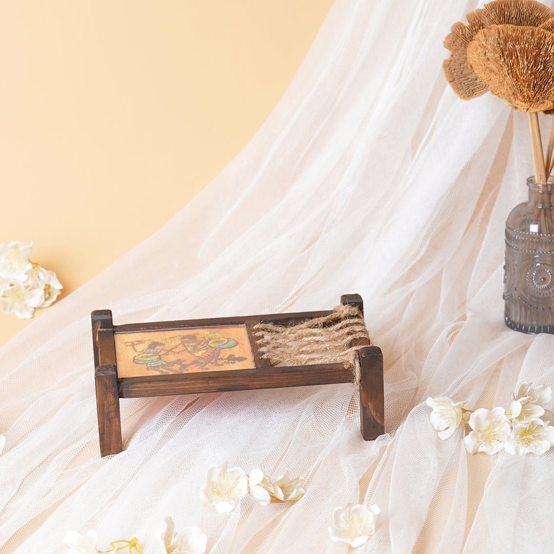 Indha Mini Khaat (Charpai) Coaster – Designer Wooden Table Décor | Hand Embroidery on Orange Dupion Silk | Quirky Gift for Dining & Living Room|festive gifting