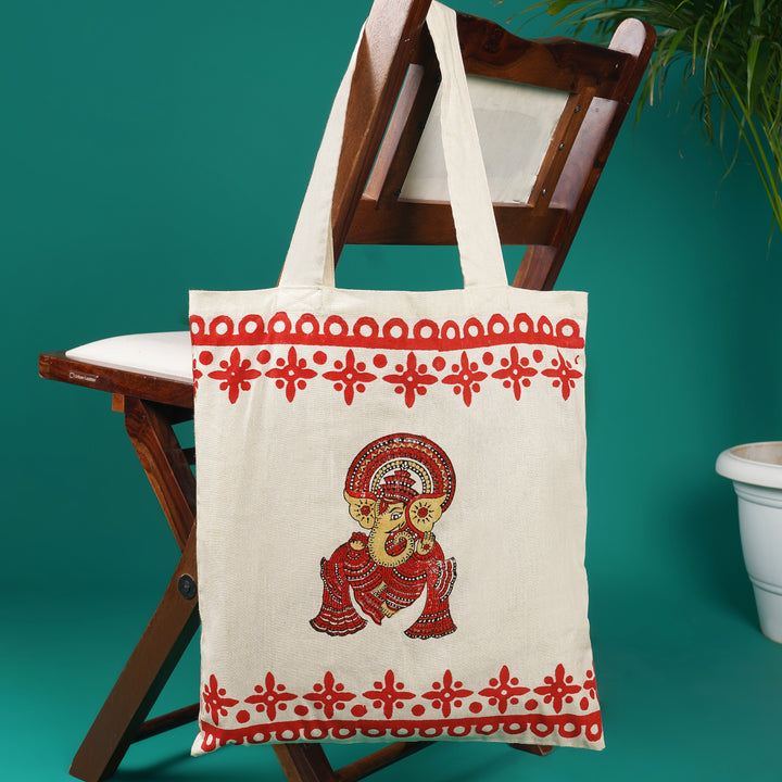 dha Hand Block-Printed Cotton Tote – Lord Ganesha Motif | Puja & Gift Carry Bag | Unique Motif Bag