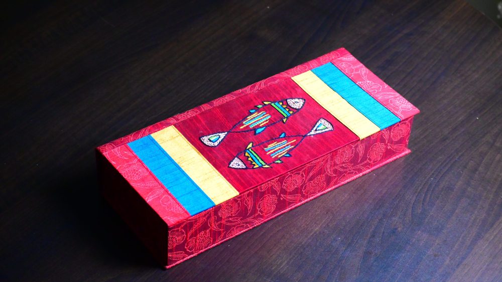 Indha Handcrafted Gift Box | Utility Box | Hand-embroidered Jewelry Box | Handmade Box | Rectangular Gift Boxes | Block-printed Gift Box | Traditional Gift Box| Table Décor|Dressing Table Gift|Eco-friendly gift box with hand-embroidered fish motifs