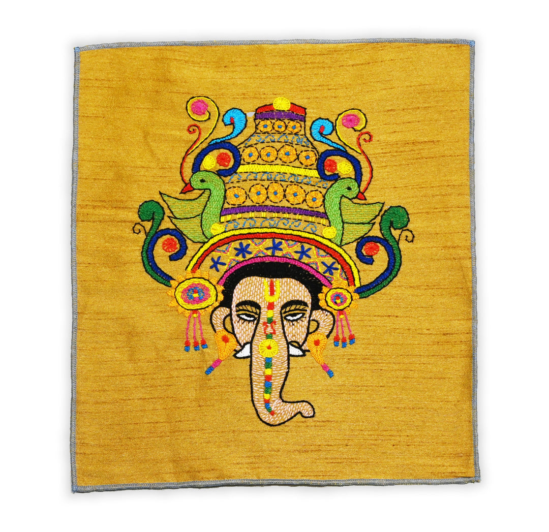 Ganpati Bappa Hand Embroidery Panel – Sacred Decor on Dupion Silk | Spiritual Art | DIY | Festive Gift