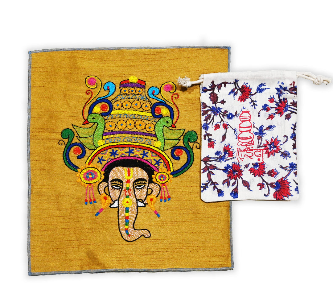 Ganpati Bappa Hand Embroidery Panel – Sacred Decor on Dupion Silk | Spiritual Art | DIY | Festive Gift