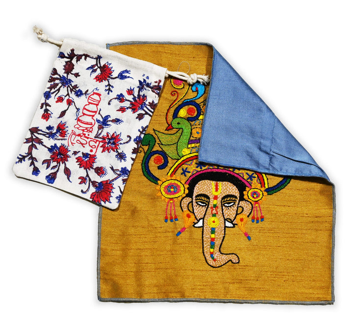 Ganpati Bappa Hand Embroidery Panel – Sacred Decor on Dupion Silk | Spiritual Art | DIY | Festive Gift