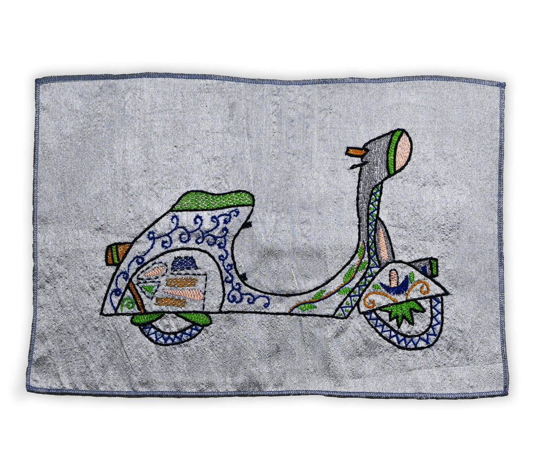 Indha Indo-Italian Scooter Hand Embroidery Panel – Retro Art on Dupion Silk | DIY Decor | Travel-Inspired Gift