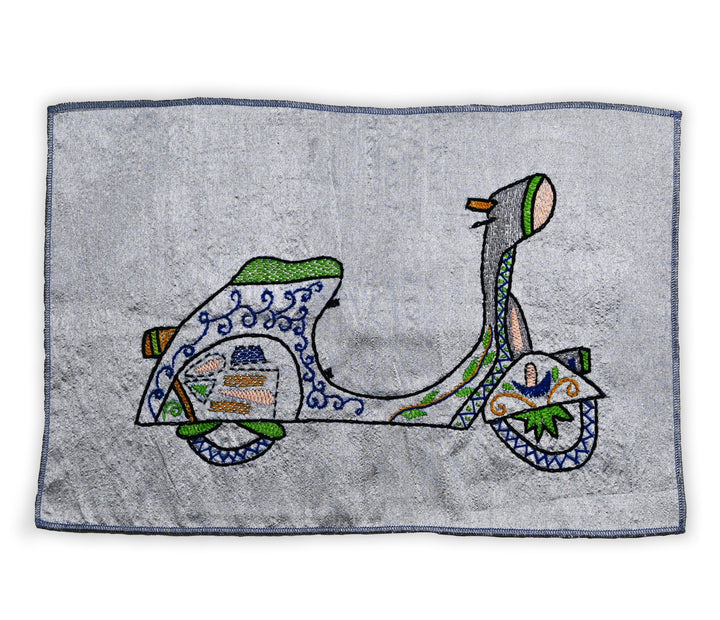 Indha Indo-Italian Scooter Hand Embroidery Panel – Retro Art on Dupion Silk | DIY Decor | Travel-Inspired Gift