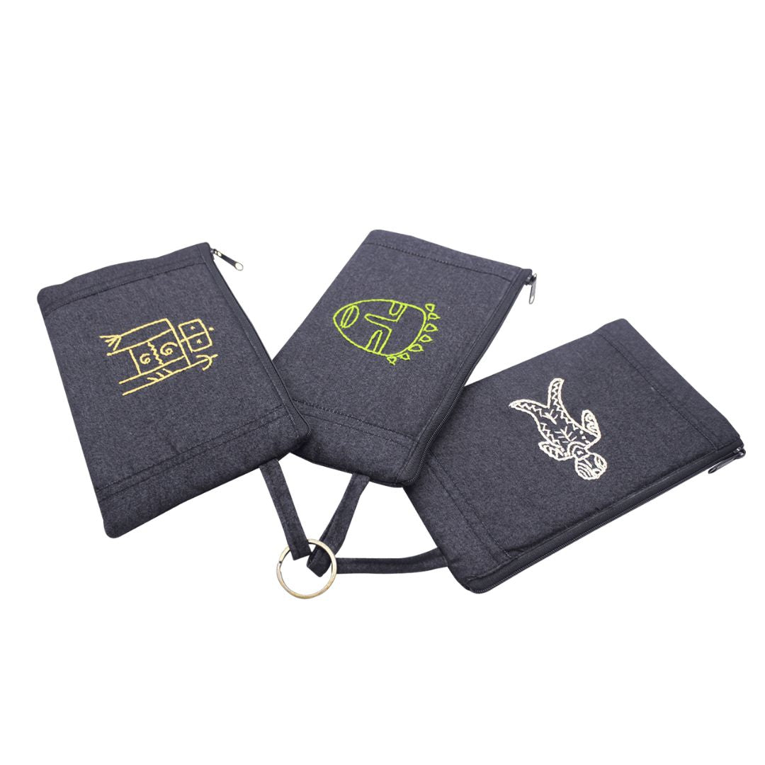 Denim Hand Embroidered Utility Pouch (Set of 3)