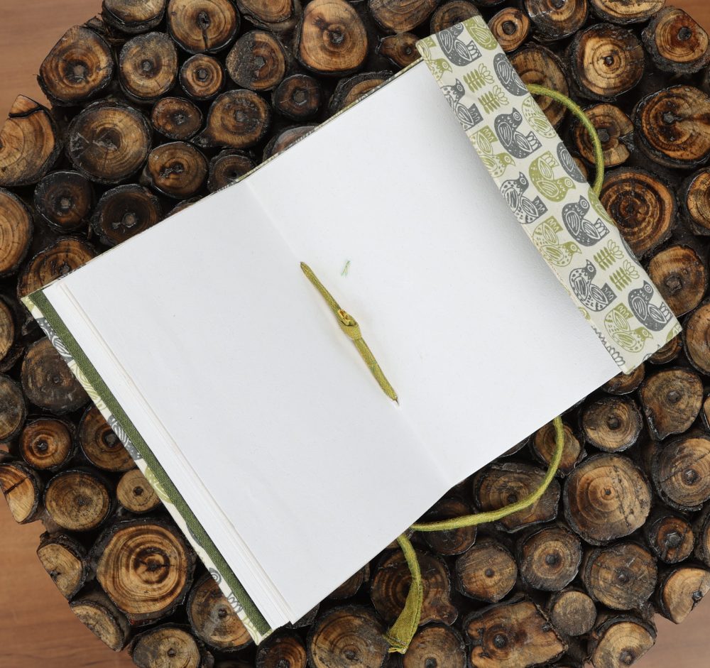 INDHA Handcrafted Recycled Paper Diary Hand Block Printed Bird And Flower Design Motif Off-White Cotton Handcrafted Recycled Paper Diary |