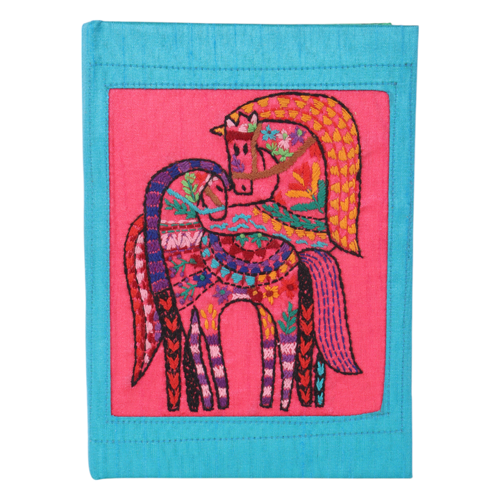 Indha Handmade Diary Horse Embroidery | Dupion Silk Cover | Eco-Friendly Recycled Paper (Blue &amp; Pink)