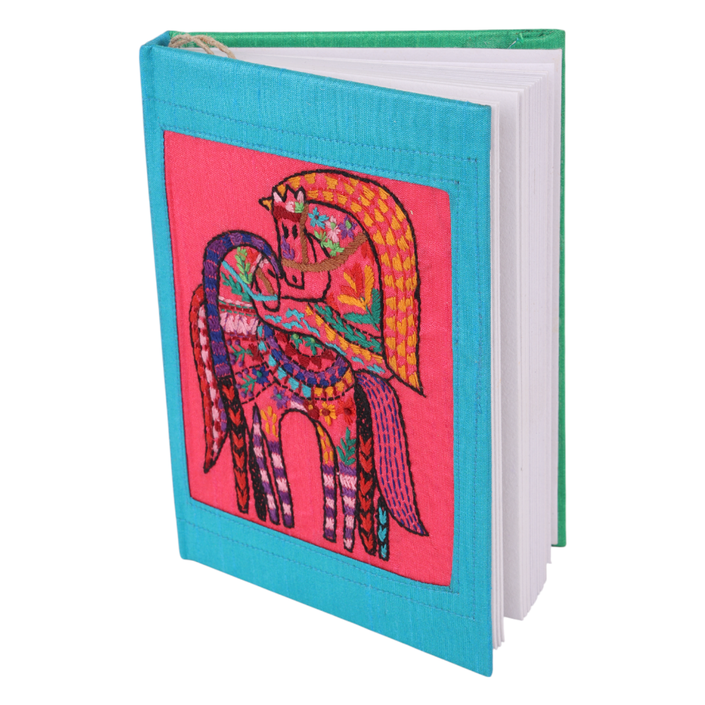 Indha Handmade Diary Horse Embroidery | Dupion Silk Cover | Eco-Friendly Recycled Paper (Blue &amp; Pink)