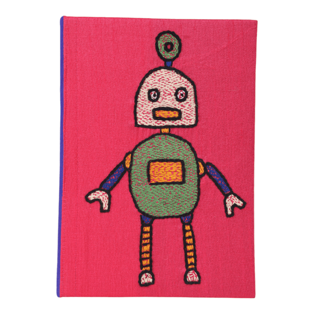 INDHA Handcrafted Recycle Paper Diary | Eco Friendly Diary | Gifting | Corporate Gifting| Handmade Diary | Robot Embroidery Diary | Pink Diary | Violet Silk Fabric |Birthday Gift|Children`s Diary