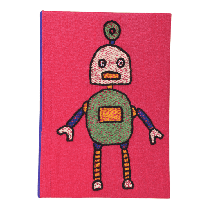 INDHA Handcrafted Recycle Paper Diary | Eco Friendly Diary | Gifting | Corporate Gifting| Handmade Diary | Robot Embroidery Diary | Pink Diary | Violet Silk Fabric |Birthday Gift|Children`s Diary