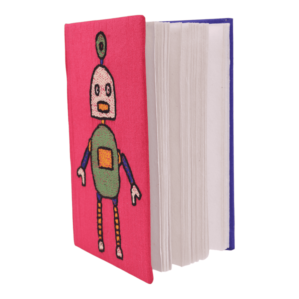 INDHA Handcrafted Recycle Paper Diary | Eco Friendly Diary | Gifting | Corporate Gifting| Handmade Diary | Robot Embroidery Diary | Pink Diary | Violet Silk Fabric |Birthday Gift|Children`s Diary