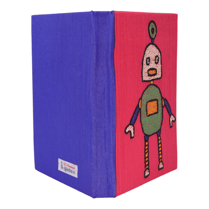 INDHA Handcrafted Recycle Paper Diary | Eco Friendly Diary | Gifting | Corporate Gifting| Handmade Diary | Robot Embroidery Diary | Pink Diary | Violet Silk Fabric |Birthday Gift|Children`s Diary