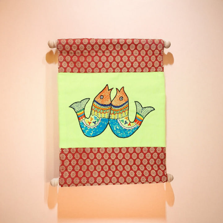 Indha Hand-Embroidered Wall Scroll | Lime-Green Dupion Silk with Red Brocade | Handmade Wall Hanging with Wooden Finials | Gift-Ready Ethical Home Décor