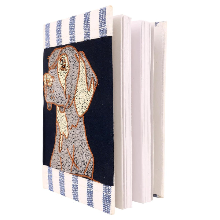 INDHA Hand-Embroidered Dog Motif Diary | Upcycled Denim Cover | Recycled Paper Notebook | Eco-Friendly Handmade Diary | Sustainable Gift for Dog Lovers