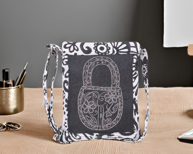 Indha Hand Embroidered Crossbody Black &amp; White Lock Motif Sling Bag