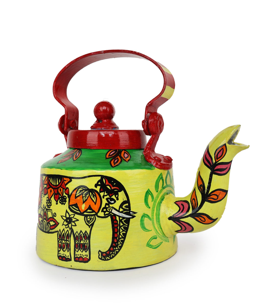 INDHA Yellow Hand Painted Aluminium Decorative Kettle With Elephant Print | Handpainted Décor | Home Décor | Home Utility | Living Room Décor | Gifting | Décor | Kitchen Utility