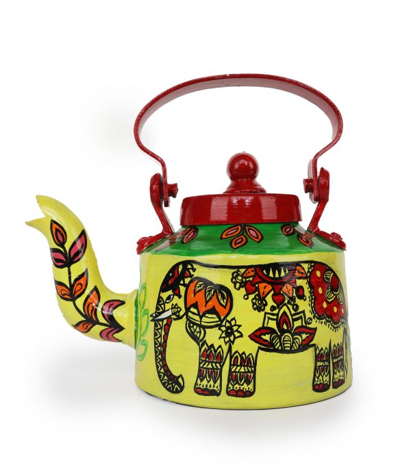 INDHA Yellow Hand Painted Aluminium Decorative Kettle With Elephant Print | Handpainted Décor | Home Décor | Home Utility | Living Room Décor | Gifting | Décor | Kitchen Utility