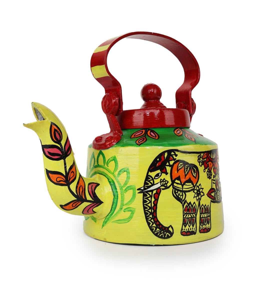 INDHA Yellow Hand Painted Aluminium Decorative Kettle With Elephant Print | Handpainted Décor | Home Décor | Home Utility | Living Room Décor | Gifting | Décor | Kitchen Utility