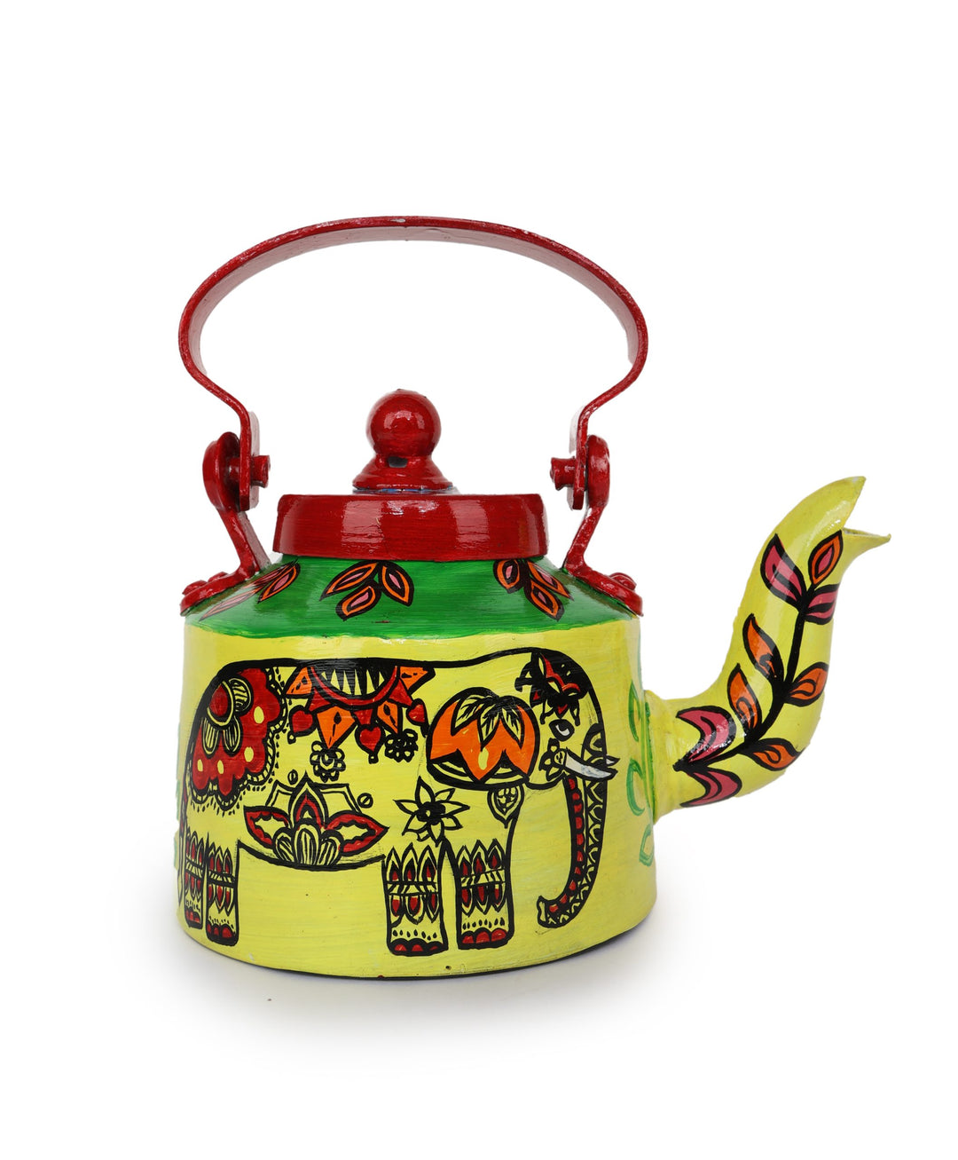INDHA Yellow Hand Painted Aluminium Decorative Kettle With Elephant Print | Handpainted Décor | Home Décor | Home Utility | Living Room Décor | Gifting | Décor | Kitchen Utility