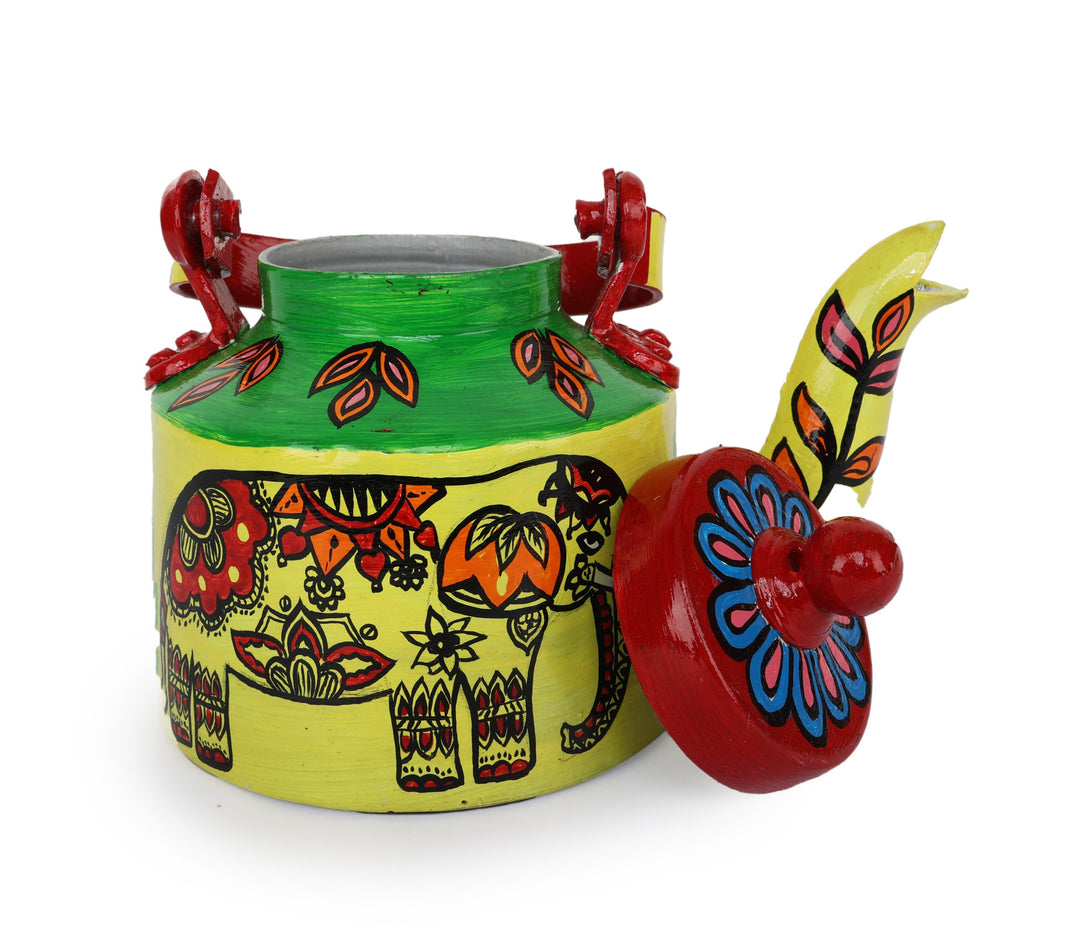 INDHA Yellow Hand Painted Aluminium Decorative Kettle With Elephant Print | Handpainted Décor | Home Décor | Home Utility | Living Room Décor | Gifting | Décor | Kitchen Utility