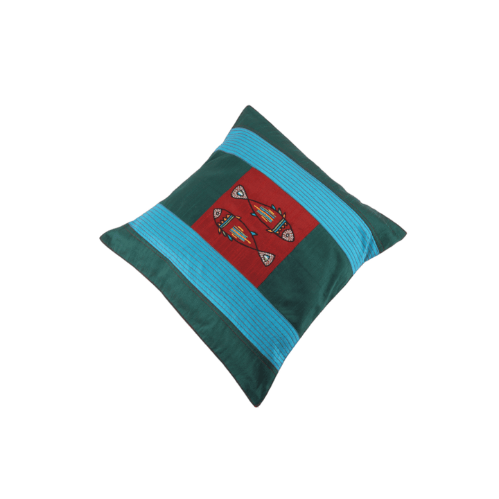 Indha Hand Embroidered Cushion Cover Fishes-Embroidery | Dupion Silk Cushion Cover |  Corporate Gifting | Home Furnishing | Home Improvement | Home Decor | Set of 2,16x16 Inches Cushion Cover