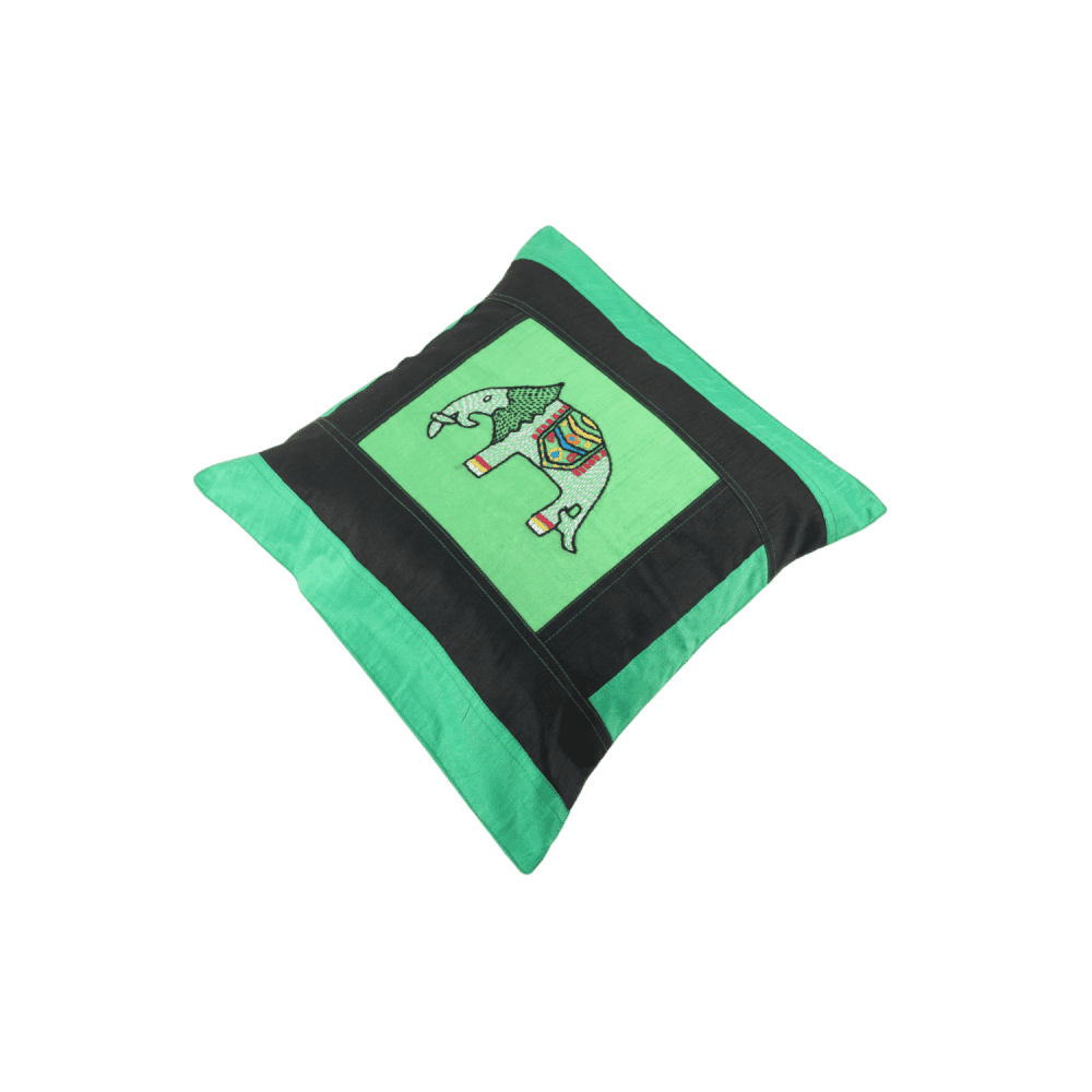 Indha Hand Embroidered Cushion Cover Elephant-Embroidery | Dupion Silk Cushion Cover |  Corporate Gifting | Home Furnishing | Home Improvement | Home Decor | Set of 2,16x16 Inches Cushion Cover