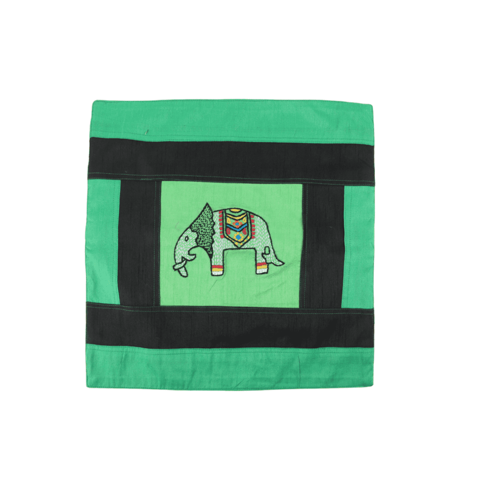 Indha Hand Embroidered Cushion Cover Elephant-Embroidery | Dupion Silk Cushion Cover |  Corporate Gifting | Home Furnishing | Home Improvement | Home Decor | Set of 2,16x16 Inches Cushion Cover